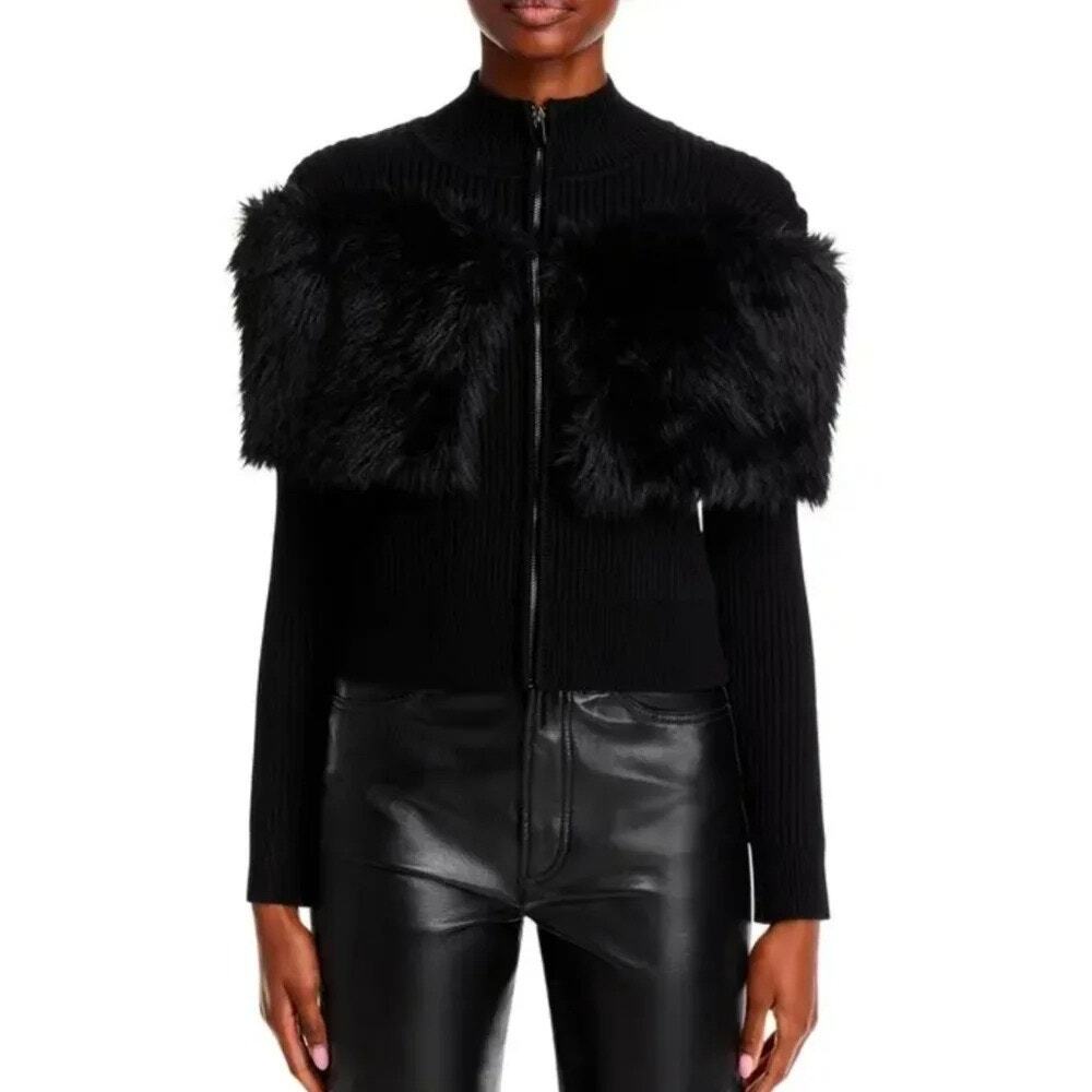 Adrienne Landau Black Faux Fur Mock Neck Zip Up Jacket Coat Size Large NWT